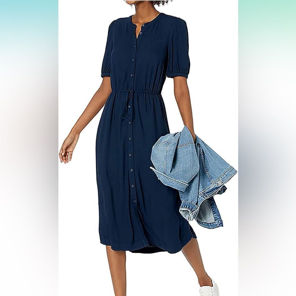 New with Tags Amazon Essentials Navy‎ Blue Button Front Midi Dress Size XS